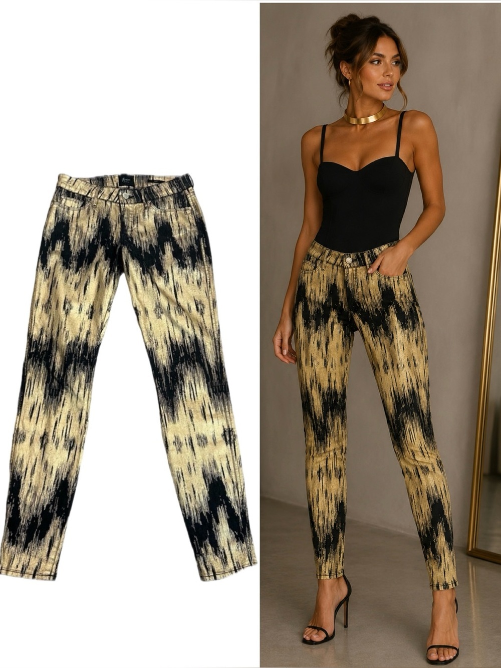 Marciano metallic gold black luxe denim ikat print skinny jeans Sz 26 NWT
